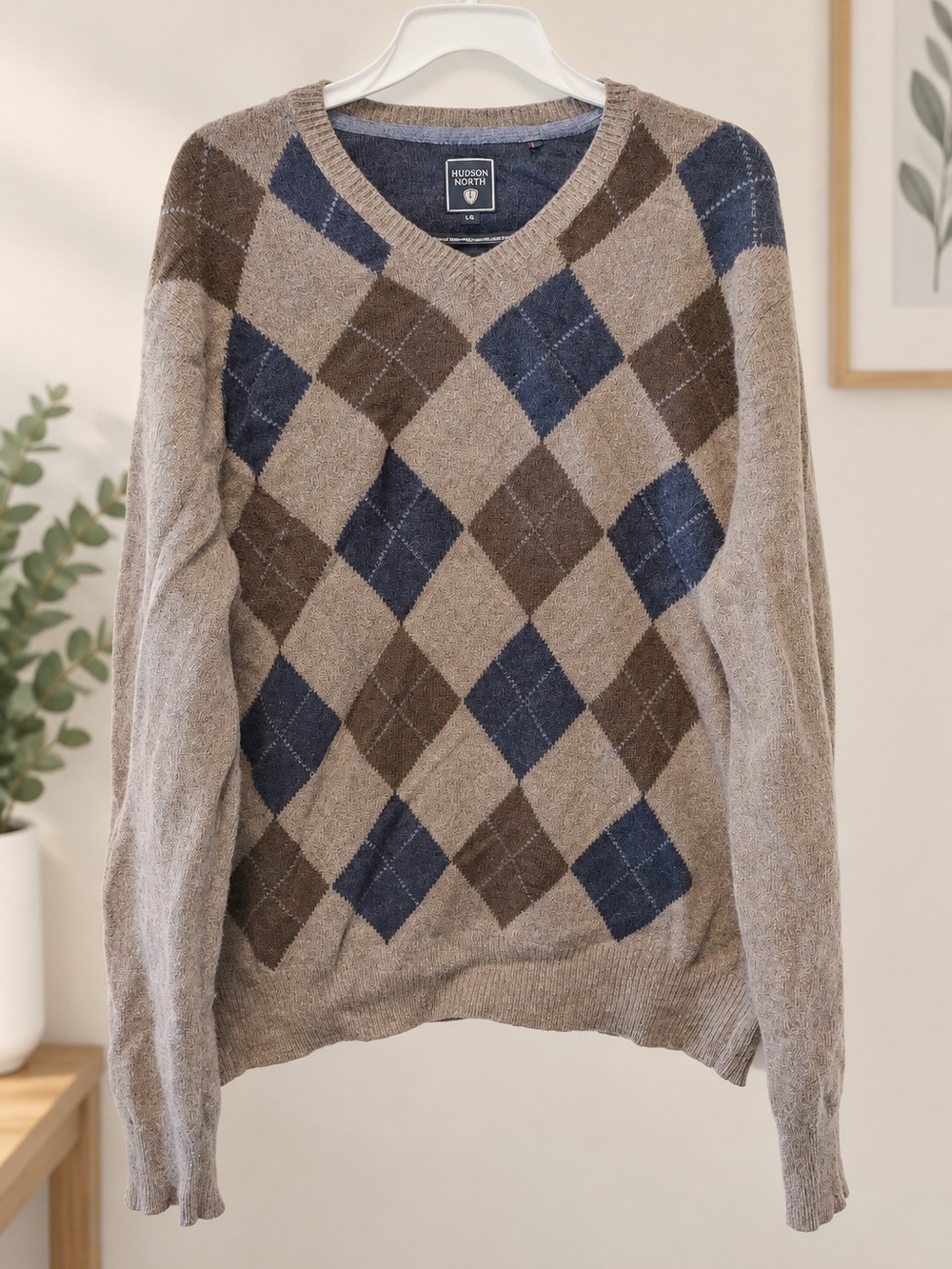 Hudson North Men’s Large Argyle V-Neck Lambswool Blend Sweater Preppy